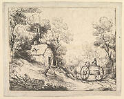 Wooded Landscape with Country Cart, Cottage and Figures