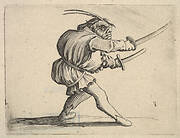 Masked small figure with a sword in both hands, in profile view, striding to the right, from the series 'Varie figure gobbi'