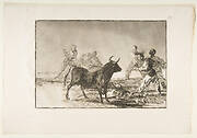 Plate 12 from the 'Tauromaquia': The crowd hamstrings the bull with lances, sickles, banderillas and other arms.