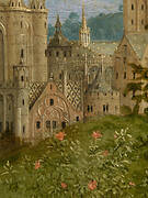 The Ghent Altarpiece: Adoration of the Mystic Lamb, detail of builings in a city in the background