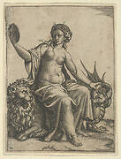 Prudence as a young woman, sitting on a lion and holding the neck of a dragon with her left hand, holding a mirror in her right hand