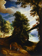 A wooded landscape with a bridge and sportsmen at the edge of the river