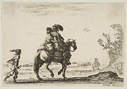 Plate 10: a horseman and a woman, seen from behind, riding towards the right with a young man following them to left, another horseman and woman to right in the background, from 'Various Figures' (Agréable diversité de figures)