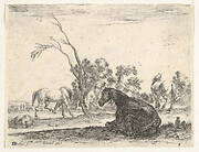 Plate 8: a seated horse to right, seen from behind and turned to the left, three other horses in middleground, a tree in center, from 'Various Figures' (Agréable diversité de figures)