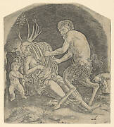 A satyr about to remove drapery covering a Nymph