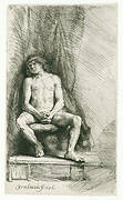 Nude man seated before a curtain