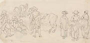 Figure with Lute and Tambourine, with Other Figures: Men Resting, Country Women, Horses, etc.