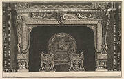 Chimneypiece: Architrave decorated with a Greek key motif and a circular fireback with figures of the zodiac (Ch. décorée d'une grecque), from Diverse Maniere d'adornare i cammini ed ogni altra parte degli edifizi...(Different Ways of ornamenting chimneypieces and all other parts of houses)