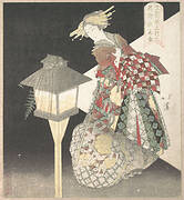 「文齊側五行火　花街細見合」|Courtesan by a Lantern, “Fire,” from the series Five Elements for the Bunsai Poetry Group, a Guide to the Yoshiwara Pleasure Quarters