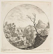 Plate 7: a triple waterfall, a dead tree to right, a mountain and a herd of cows to right in the background, a round composition, from 'Roman landscapes and ruins' (Paysages et ruines de Rome)