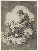 St. Luke, seated on a cloud with an open book in both hands, a bull lying at his feet, from a series of the four evangelists after Agostino Veneziano, which are in turn after Giulio Romano