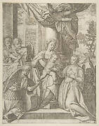 The mystic marriage of Saint Catherine who sits at center with the Christ child, angels with instruments at the left