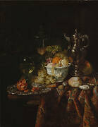 Still-life with Metal Wine-Jug, Glass Cup and Cover, Roemer, Fruits and Watch