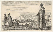 A Polish man in a long robe standing at right in profile, facing left, other Polish men to left, groups of horsemen to left in background and a castle to right in background, from 'Various figures and lands' (Diverse figure e paesi)