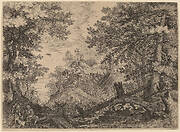 Woodland Scene with Two Hunters and a Dog to the Left