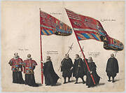 Plate 48: Men bearing arms and heraldic flags marching in the funeral procession of Archduke Albert of Austria; from 'Pompa Funebris ... Alberti Pii'