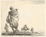 Plate 21: a poor woman to left, seen from behind, enveloping her child in a shawl, another woman seen from behind to left in background, a woman atop a horse and a man to right in background, from 'Diversi capricci'