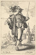 A gentleman walking forward, with his right arm outstretched and a whip in his left hand, wearing a plumed hat and decorated shoes