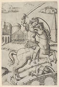 Horatius Cocles on horseback, trampling a fallen soldier