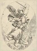 The winged archangel Saint Michael holding a sword and standing on the head of the devil, who descends into hell, an oval composition, after Reni