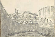 Landscape with a Curved Wall, Round Tower and Distant Villa (Smaller Italian Sketchbook, leaf 8 recto)