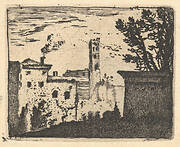 Townscape with wall and foliage in shadow in right foreground, buildings with smoking chimney and square tower beyond, from the series 'The Small Landscapes'