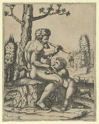 A faun sitting on a rock holding a flute in his left hand; a child stands between his knees