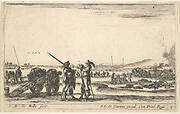 Plate 3: An officer giving orders to a solider in centre foreground, cannon at left,  from 'Various Military Caprices' (Varii capricci militari)