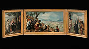 Triptych with The Entry of Christ into Jerusalem, saints and on the outside of the wings, patrons of the Van Lokhorst family