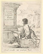 Plate 1: a young man sitting on a stone, facing left in profile, holding a drawing pad in his lap and a pen in his left hand, a pedestal with title to left and ruins to right in the background, title page from 'Various heads and figures' (Diverses têtes et figures)