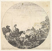 Plate 5: a woman carrying a child on a horse to left, a camel following her, a herd of goats, sheep, and a shepherd in front of her to right, a round composition, from 'Roman landscapes and ruins' (Paysages et ruines de Rome)