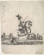 A horseman atop a rearing horse, in profile and turned towards the right, gardens in the background, from 'Various cavalry exercises' (Diverses exercices de cavalerie)