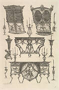 Miscellaneous furniture including two sedan chairs, a side table and a commode (Deux ch. à porteurs v. de côté, console, flambeau.), from Diverse Maniere d'adornare i cammini ed ogni altra parte degli edifizi...(Different Ways of ornamenting chimneypieces and all other parts of houses)