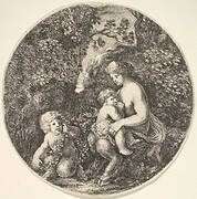 A female satyr breastfeeding an child to the right, turned towards the left, a satyr child on the ground to the left, from 'Landscapes and seaports' (Paysages et ports de mer, dans des ronds)