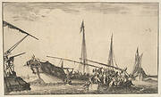 A rowboat full of men at right, a ship with men descending into a rowboat behind to left, two men with a shotgun on a ship to left, another ship to far right in the background, from 'Set of eight nautical landscapes' (Suite de huit Marines)