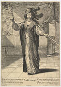 Rhetoric: a young woman standing in a decorated interior with a caduceus in her right hand and a closed fan in her left hand, from the series 'The liberal arts' (Les arts liberaux)