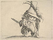 Small male figure in feathered hat with walking stick in left hand, from the series 'Varie figure gobbi'