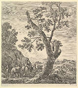 A shepherd with two horses and a peasant woman on horseback with a child in her arms to left, a large tree in center, a shepherd with a herd of animals descending a hill to right, mountains in the background, from 'Six large views, four of Rome and two of the Roman countryside' (Six grandes vues, dont quatre de Rome et deux de la Campagne romaine)