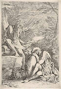 Dream of Aeneas, Aeneas rests on his shield, while the river god Tiber points upward