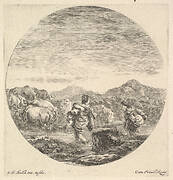 A woman carrying a child in center, seen from behind, another woman to right, facing left, following a group of cows across a river, a round composition, from 'Six animal subjects' (Six sujets d'animaux)