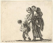 Plate 22: a beggar woman with three children, one child on her shoulders, one child in her arms, and one child who walks in front of her to left, from 'Diversi capricci'