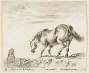 Plate 4: a horse in profile facing the left, about to descend from a mound, a horseman to left in background, from 'Diversi capricci'