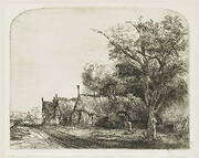 Landscape with three gabled cottages beside a road