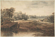 River Landscape with a Man Standing by a Boathouse