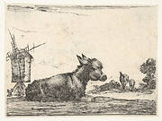 Plate 11: a resting donkey, a horse and a foal to right and a windmill to left in the background, from 'Various Figures' (Agréable diversité de figures)