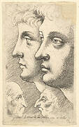 Two youths in profile to left with two grotesque heads facing each other below