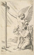 An Angel Indicates a Cross to a Man Kneeling