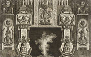 Chimneypiece in the Egyptian style: Groups of three crouching figures on each jamb.