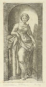 Fortitude or Strength personified by a woman standing in a nice resting her arm on a column, from 'The Virtues'