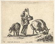 Plate 13: a peasant woman, seen from the back, holding a basket in center, a donkey to left and a horse with a pack on its back to right, from 'Diversi capricci'